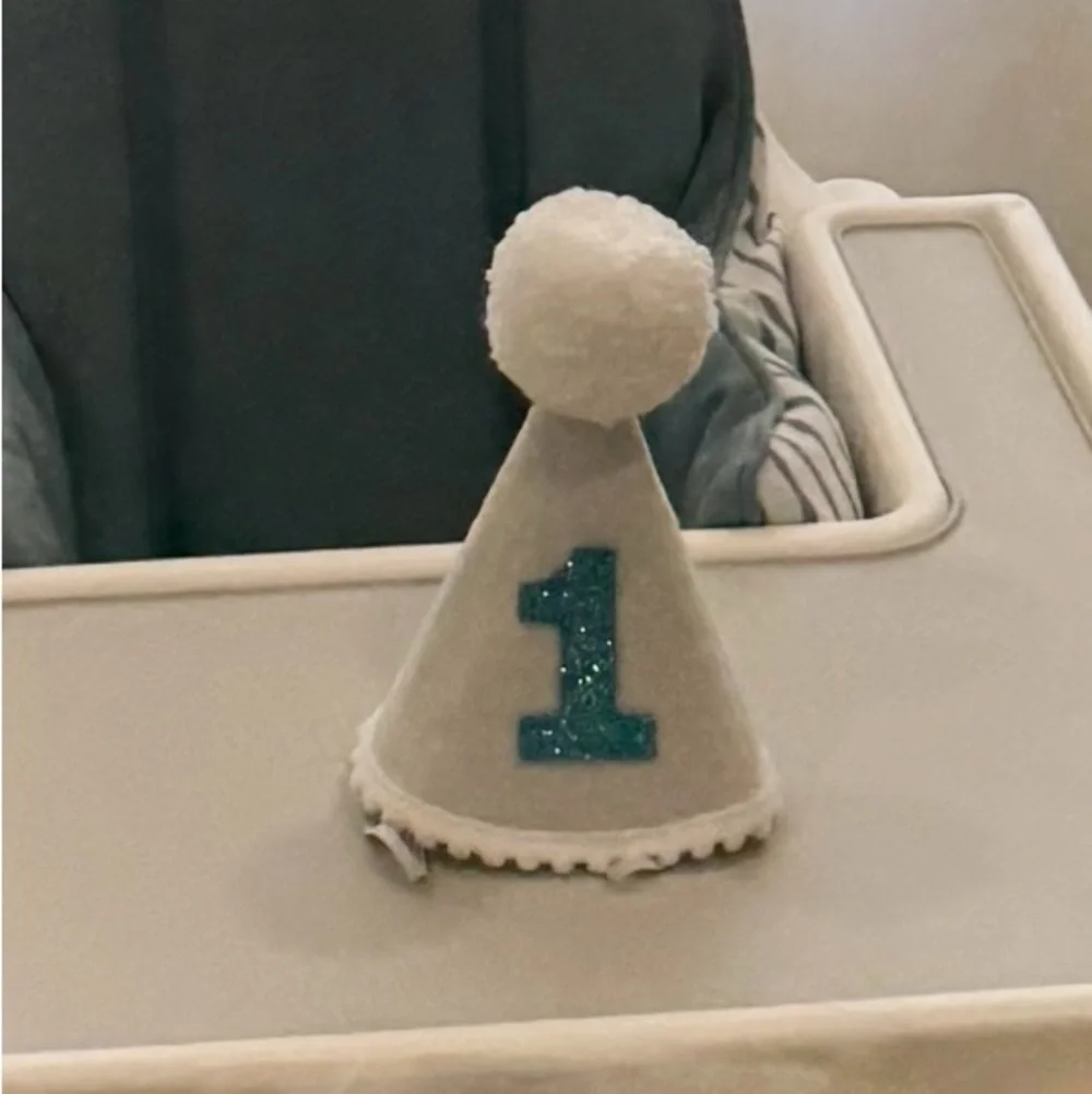 White and Blue Party Hat with Pom Pom
